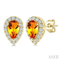 5x3 MM Pear Shape Citrine and 1/8 Ctw Round Cut Diamond Halo Semi-Precious Stud Earrings in 14K Yellow Gold