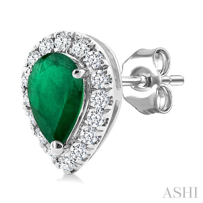5x3 MM Pear Shape Emerald and 1/8 Ctw Round Cut Diamond Halo Precious Stud Earrings in 14K White Gold