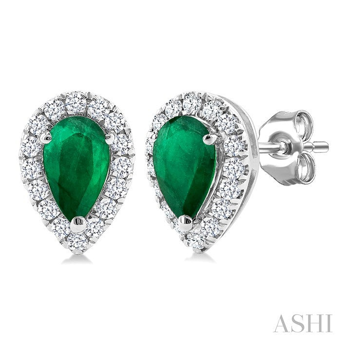 5x3 MM Pear Shape Emerald and 1/8 Ctw Round Cut Diamond Halo Precious Stud Earrings in 14K White Gold