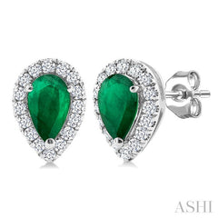 5x3 MM Pear Shape Emerald and 1/8 Ctw Round Cut Diamond Halo Precious Stud Earrings in 14K White Gold
