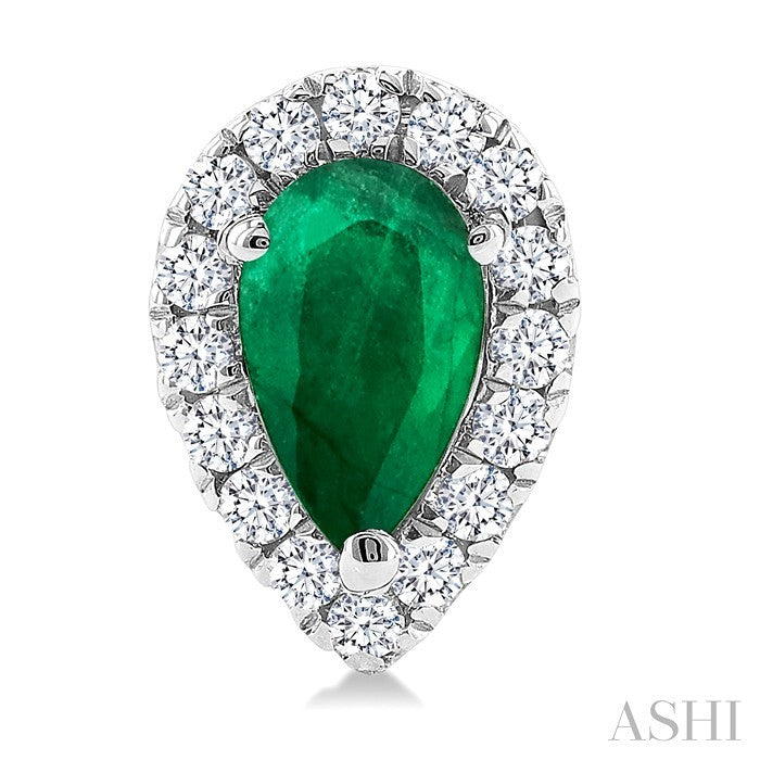 5x3 MM Pear Shape Emerald and 1/8 Ctw Round Cut Diamond Halo Precious Stud Earrings in 14K White Gold