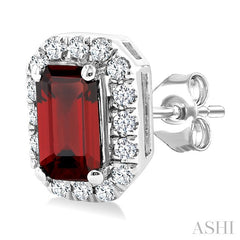 5x3 MM Octagonal Shape Garnet and 1/8 Ctw Round Cut Diamond Halo Semi-Precious Stud Earrings in 14K White Gold