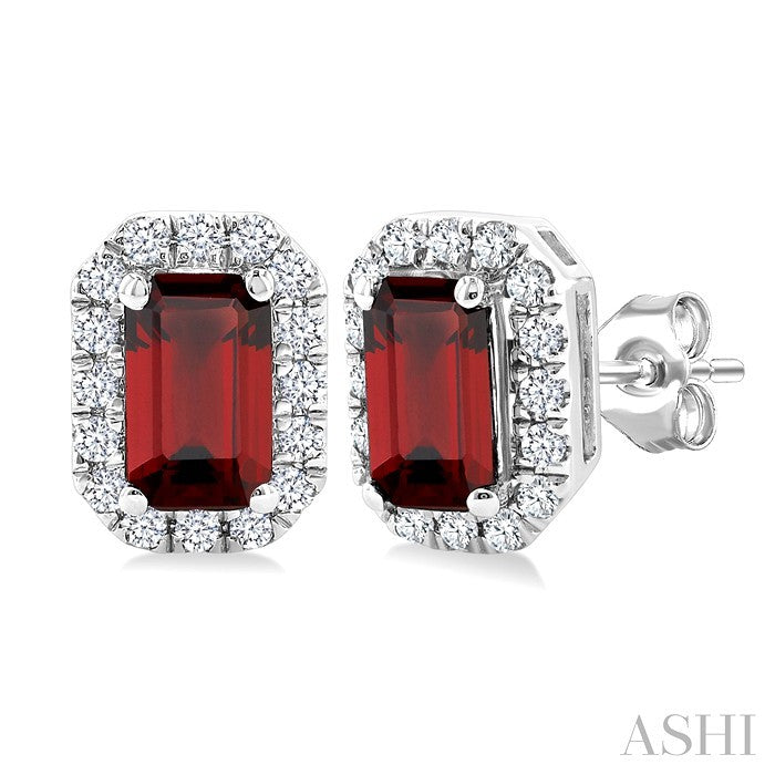 5x3 MM Octagonal Shape Garnet and 1/8 Ctw Round Cut Diamond Halo Semi-Precious Stud Earrings in 14K White Gold