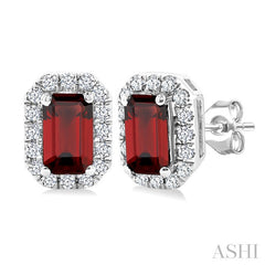 5x3 MM Octagonal Shape Garnet and 1/8 Ctw Round Cut Diamond Halo Semi-Precious Stud Earrings in 14K White Gold