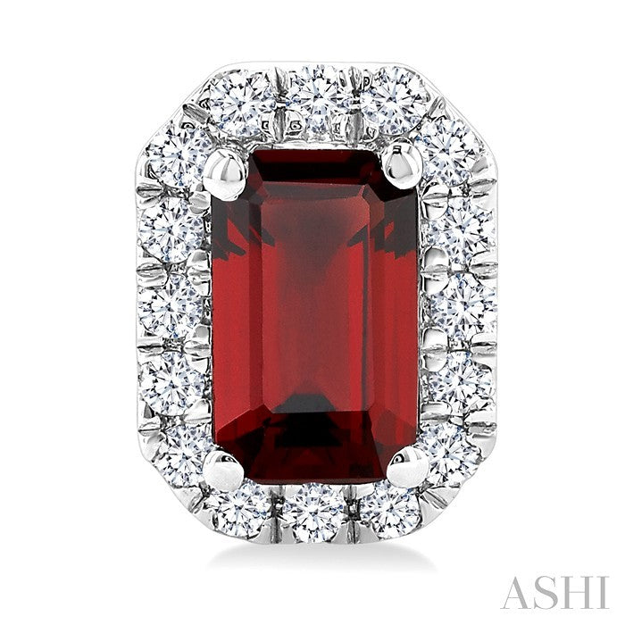 5x3 MM Octagonal Shape Garnet and 1/8 Ctw Round Cut Diamond Halo Semi-Precious Stud Earrings in 14K White Gold