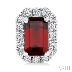 5x3 MM Octagonal Shape Garnet and 1/8 Ctw Round Cut Diamond Halo Semi-Precious Stud Earrings in 14K White Gold