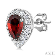 5x3 MM Pear Shape Garnet and 1/8 Ctw Round Cut Diamond Halo Semi-Precious Stud Earrings in 14K White Gold