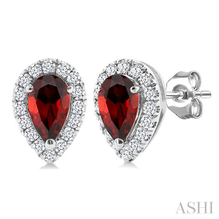 5x3 MM Pear Shape Garnet and 1/8 Ctw Round Cut Diamond Halo Semi-Precious Stud Earrings in 14K White Gold