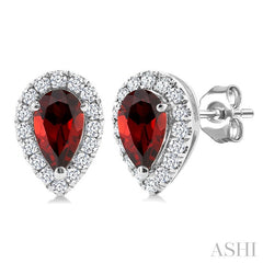 5x3 MM Pear Shape Garnet and 1/8 Ctw Round Cut Diamond Halo Semi-Precious Stud Earrings in 14K White Gold