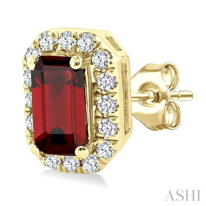 5x3 MM Octagonal Shape Garnet and 1/8 Ctw Round Cut Diamond Halo Semi-Precious Stud Earrings in 14K Yellow Gold