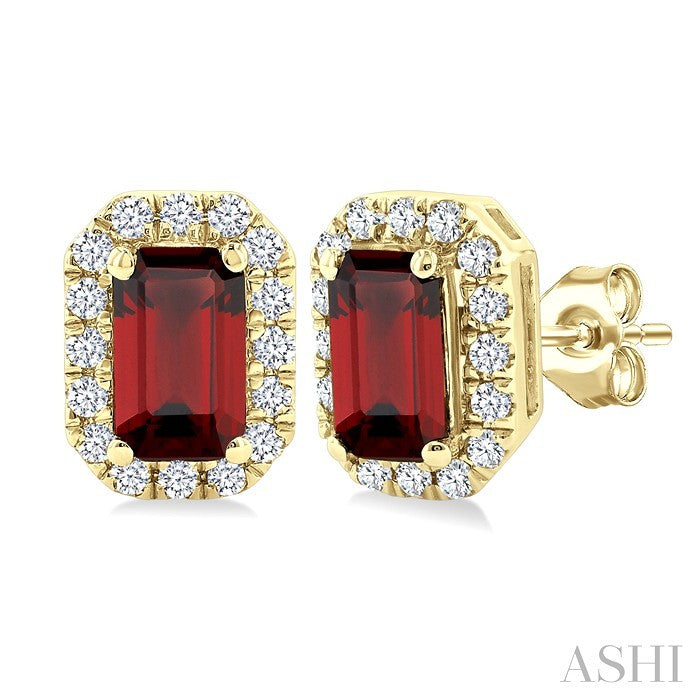 5x3 MM Octagonal Shape Garnet and 1/8 Ctw Round Cut Diamond Halo Semi-Precious Stud Earrings in 14K Yellow Gold