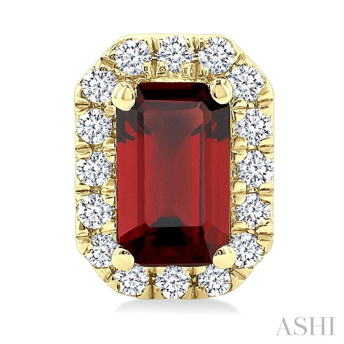 5x3 MM Octagonal Shape Garnet and 1/8 Ctw Round Cut Diamond Halo Semi-Precious Stud Earrings in 14K Yellow Gold