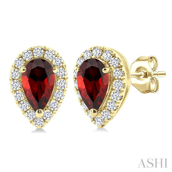 5x3 MM Pear Shape Garnet and 1/8 Ctw Round Cut Diamond Halo Semi-Precious Stud Earrings in 14K Yellow Gold