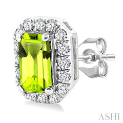 5x3 MM Octagonal Shape Peridot and 1/8 Ctw Round Cut Diamond Halo Semi-Precious Stud Earrings in 14K White Gold
