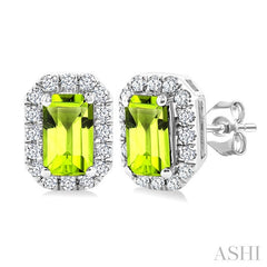 5x3 MM Octagonal Shape Peridot and 1/8 Ctw Round Cut Diamond Halo Semi-Precious Stud Earrings in 14K White Gold