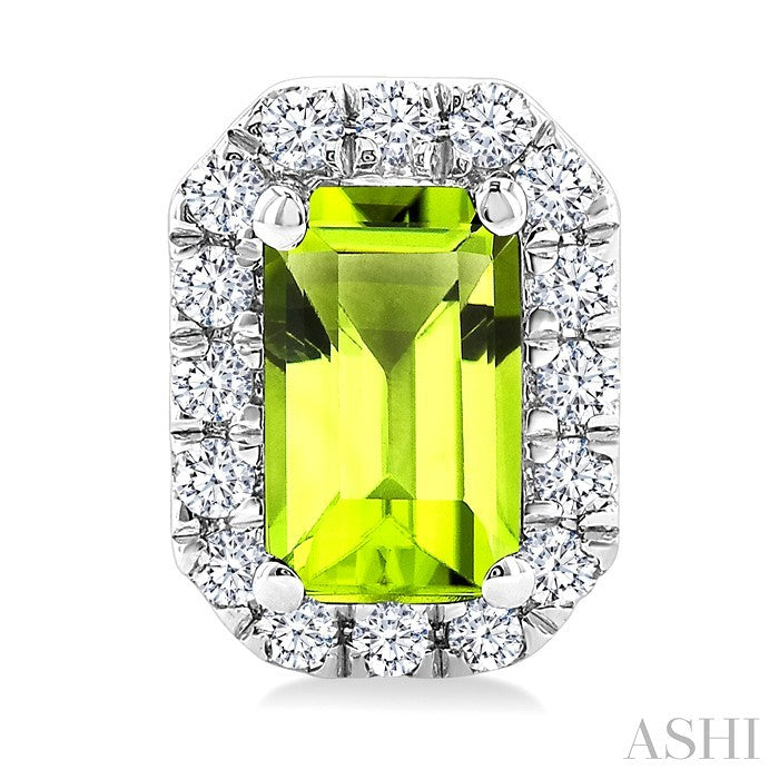 5x3 MM Octagonal Shape Peridot and 1/8 Ctw Round Cut Diamond Halo Semi-Precious Stud Earrings in 14K White Gold