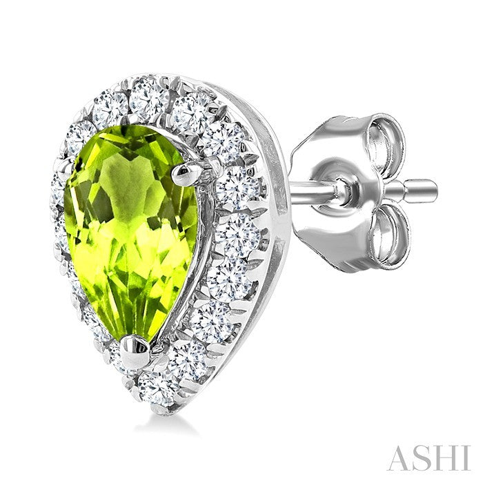 5x3 MM Pear Shape Peridot and 1/8 Ctw Round Cut Diamond Halo Semi-Precious Stud Earrings in 14K White Gold