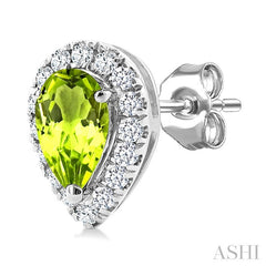 5x3 MM Pear Shape Peridot and 1/8 Ctw Round Cut Diamond Halo Semi-Precious Stud Earrings in 14K White Gold