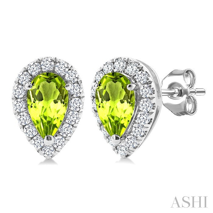5x3 MM Pear Shape Peridot and 1/8 Ctw Round Cut Diamond Halo Semi-Precious Stud Earrings in 14K White Gold