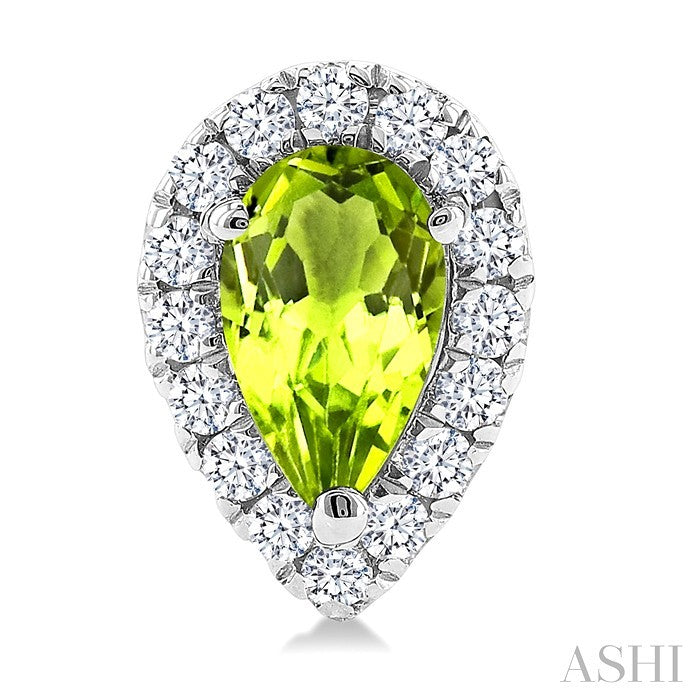 5x3 MM Pear Shape Peridot and 1/8 Ctw Round Cut Diamond Halo Semi-Precious Stud Earrings in 14K White Gold