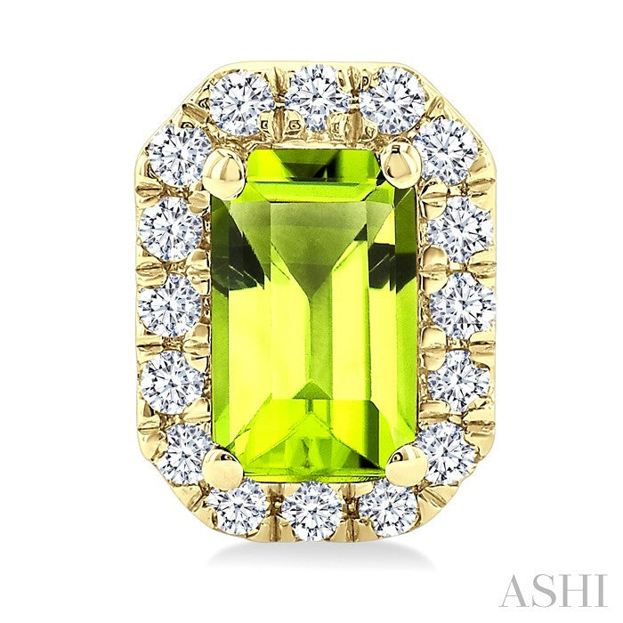 5x3 MM Octagonal Shape Peridot and 1/8 Ctw Round Cut Diamond Halo Semi-Precious Stud Earrings in 14K Yellow Gold