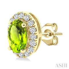 5x3 MM Oval Shape Peridot and 1/8 Ctw Round Cut Diamond Halo Semi-Precious Stud Earrings in 14K Yellow Gold