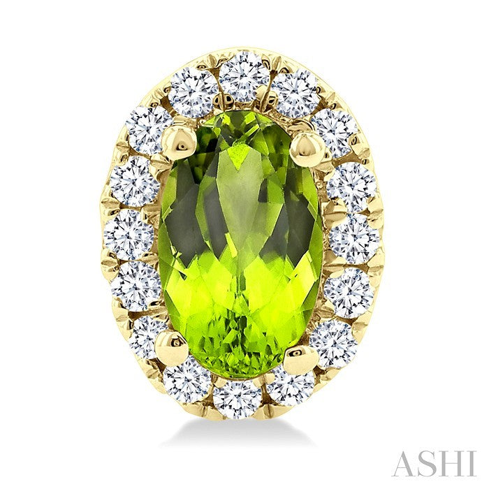 5x3 MM Oval Shape Peridot and 1/8 Ctw Round Cut Diamond Halo Semi-Precious Stud Earrings in 14K Yellow Gold