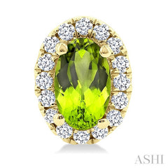 5x3 MM Oval Shape Peridot and 1/8 Ctw Round Cut Diamond Halo Semi-Precious Stud Earrings in 14K Yellow Gold