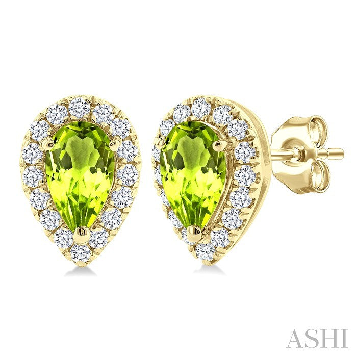 5x3 MM Pear Shape Peridot and 1/8 Ctw Round Cut Diamond Halo Semi-Precious Stud Earrings in 14K Yellow Gold