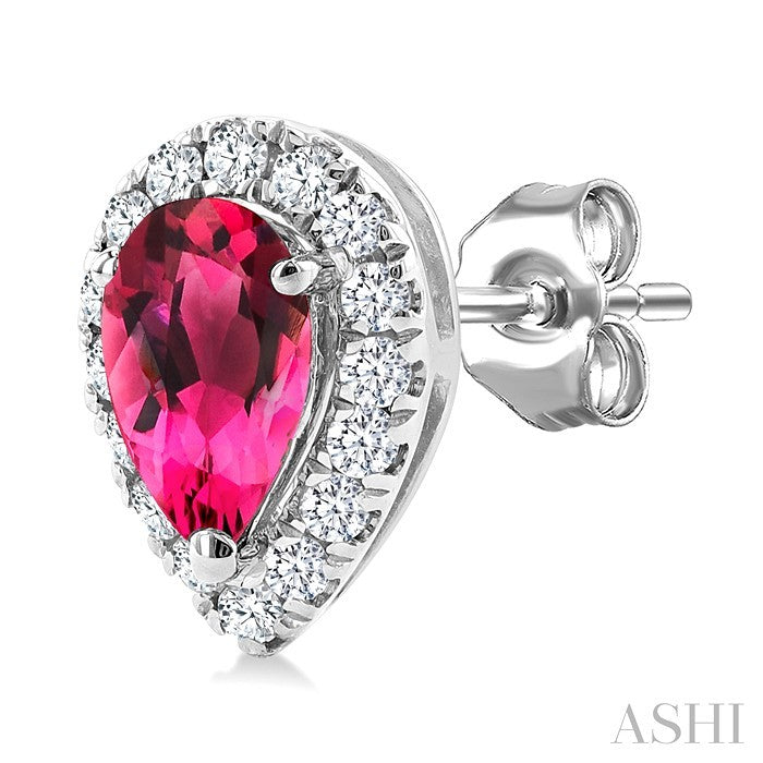 5x3 MM Pear Shape Pink Tourmaline and 1/8 Ctw Round Cut Diamond Halo Semi-Precious Stud Earrings in 14K White Gold