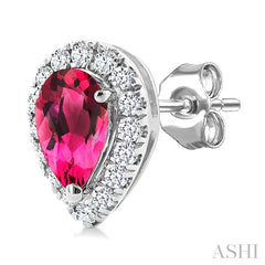 5x3 MM Pear Shape Pink Tourmaline and 1/8 Ctw Round Cut Diamond Halo Semi-Precious Stud Earrings in 14K White Gold