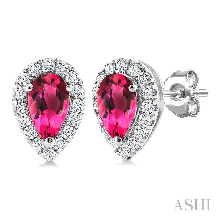 5x3 MM Pear Shape Pink Tourmaline and 1/8 Ctw Round Cut Diamond Halo Semi-Precious Stud Earrings in 14K White Gold