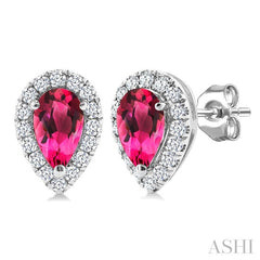 5x3 MM Pear Shape Pink Tourmaline and 1/8 Ctw Round Cut Diamond Halo Semi-Precious Stud Earrings in 14K White Gold