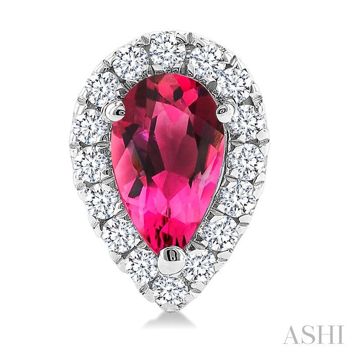 5x3 MM Pear Shape Pink Tourmaline and 1/8 Ctw Round Cut Diamond Halo Semi-Precious Stud Earrings in 14K White Gold