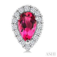 5x3 MM Pear Shape Pink Tourmaline and 1/8 Ctw Round Cut Diamond Halo Semi-Precious Stud Earrings in 14K White Gold
