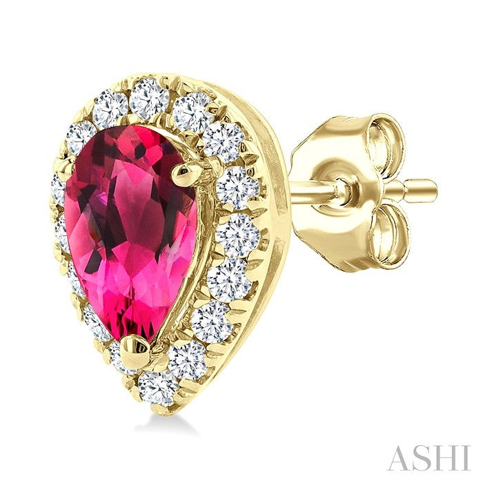 5x3 MM Pear Shape Pink Tourmaline and 1/8 Ctw Round Cut Diamond Halo Semi-Precious Stud Earrings in 14K Yellow Gold