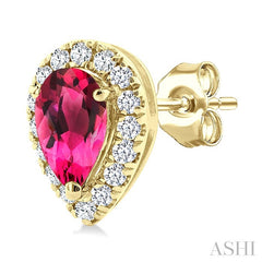 5x3 MM Pear Shape Pink Tourmaline and 1/8 Ctw Round Cut Diamond Halo Semi-Precious Stud Earrings in 14K Yellow Gold