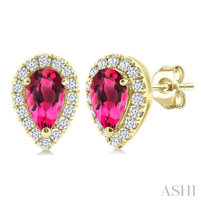 5x3 MM Pear Shape Pink Tourmaline and 1/8 Ctw Round Cut Diamond Halo Semi-Precious Stud Earrings in 14K Yellow Gold