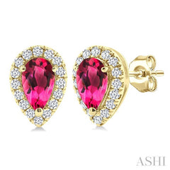 5x3 MM Pear Shape Pink Tourmaline and 1/8 Ctw Round Cut Diamond Halo Semi-Precious Stud Earrings in 14K Yellow Gold