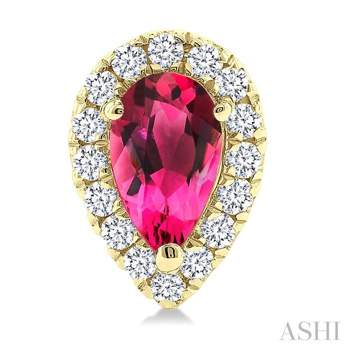5x3 MM Pear Shape Pink Tourmaline and 1/8 Ctw Round Cut Diamond Halo Semi-Precious Stud Earrings in 14K Yellow Gold