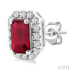5x3 MM Octagonal Shape Ruby and 1/8 Ctw Round Cut Diamond Halo Precious Stud Earrings in 14K White Gold