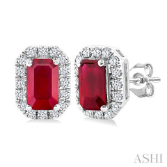 5x3 MM Octagonal Shape Ruby and 1/8 Ctw Round Cut Diamond Halo Precious Stud Earrings in 14K White Gold