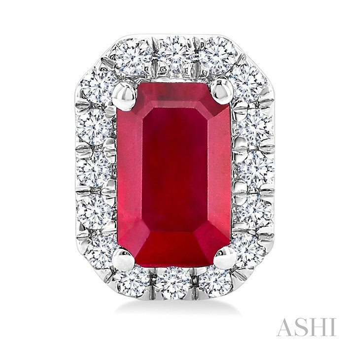 5x3 MM Octagonal Shape Ruby and 1/8 Ctw Round Cut Diamond Halo Precious Stud Earrings in 14K White Gold