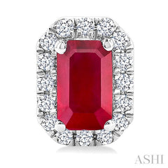 5x3 MM Octagonal Shape Ruby and 1/8 Ctw Round Cut Diamond Halo Precious Stud Earrings in 14K White Gold