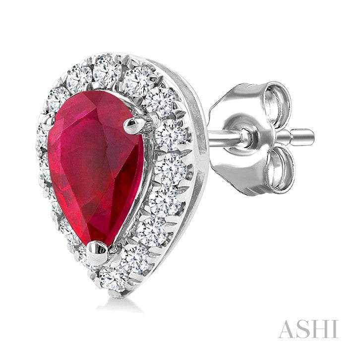 5x3 MM Pear Shape Ruby and 1/8 Ctw Round Cut Diamond Halo Precious Stud Earrings in 14K White Gold