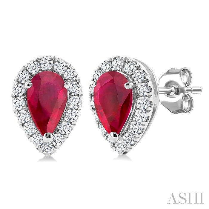 5x3 MM Pear Shape Ruby and 1/8 Ctw Round Cut Diamond Halo Precious Stud Earrings in 14K White Gold