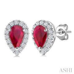 5x3 MM Pear Shape Ruby and 1/8 Ctw Round Cut Diamond Halo Precious Stud Earrings in 14K White Gold