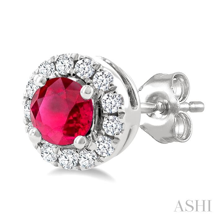 3.25 MM Round Ruby and 1/10 Ctw Round Cut Diamond Halo Precious Stud Earrings in 14K White Gold