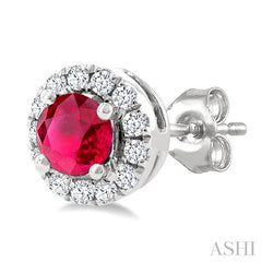 3.25 MM Round Ruby and 1/10 Ctw Round Cut Diamond Halo Precious Stud Earrings in 14K White Gold