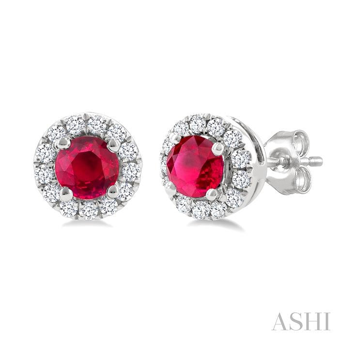 3.25 MM Round Ruby and 1/10 Ctw Round Cut Diamond Halo Precious Stud Earrings in 14K White Gold